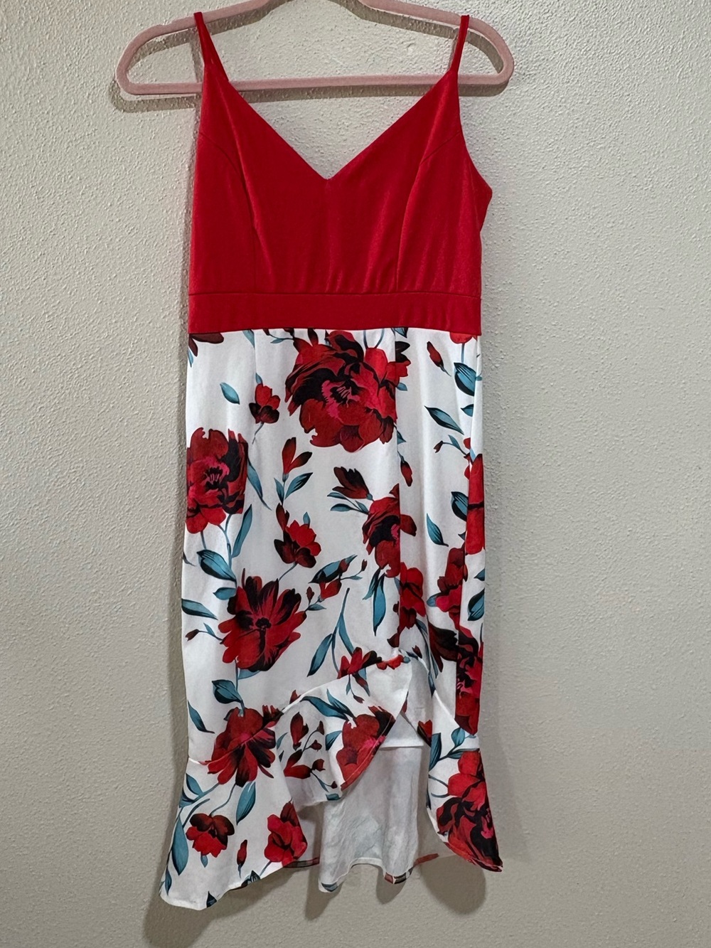 SHEIN Red Floral Ruffle Hem Midi Dress Size Medium